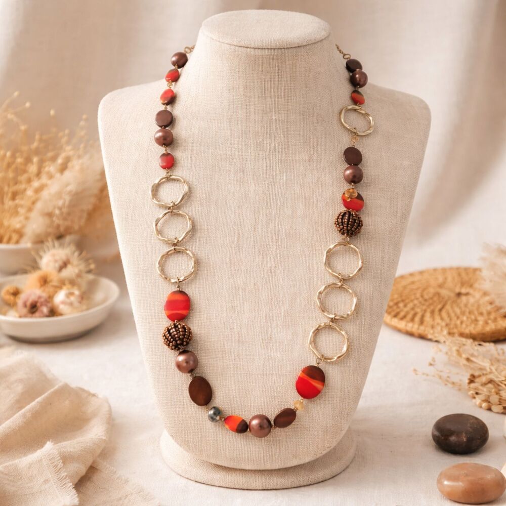 Erica Lyons Long Beaded Chain Necklace Gold Orange Brown